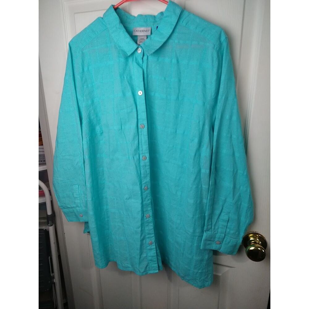 Catherine's Woman 1XWP Blouse Aqua Window Pane Long Sleeve Collared Button